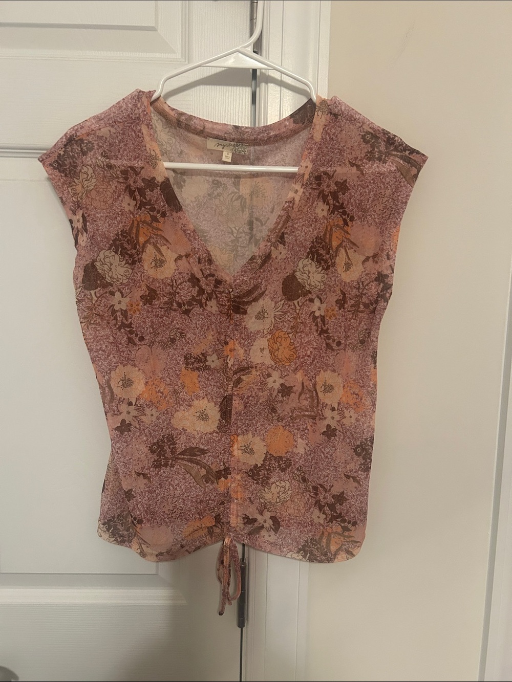 Mystree Floral V-Neck Tie-Hem Women's Mesh Sheer Top - Pink Floral print NWOT